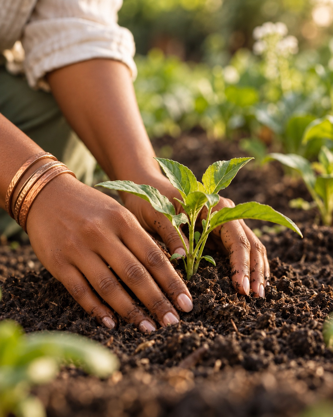 Hands with copper bangles tending a young green plant in rich garden soil.