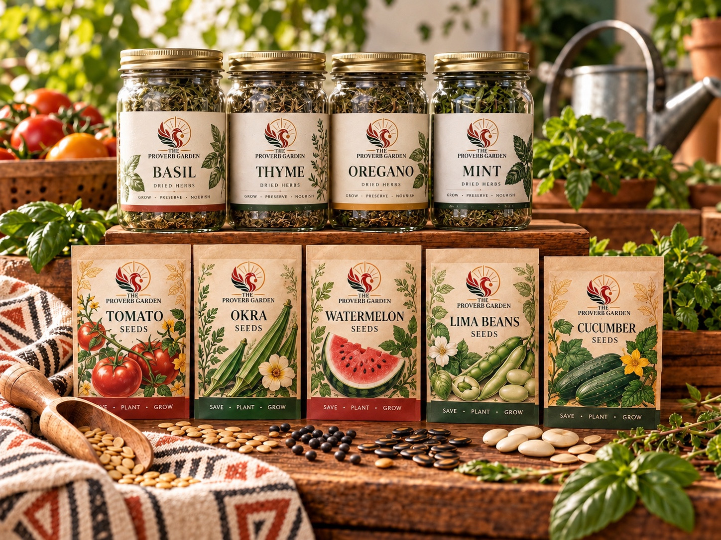 The Proverb Garden concept display of dried herbs and branded seed packets.