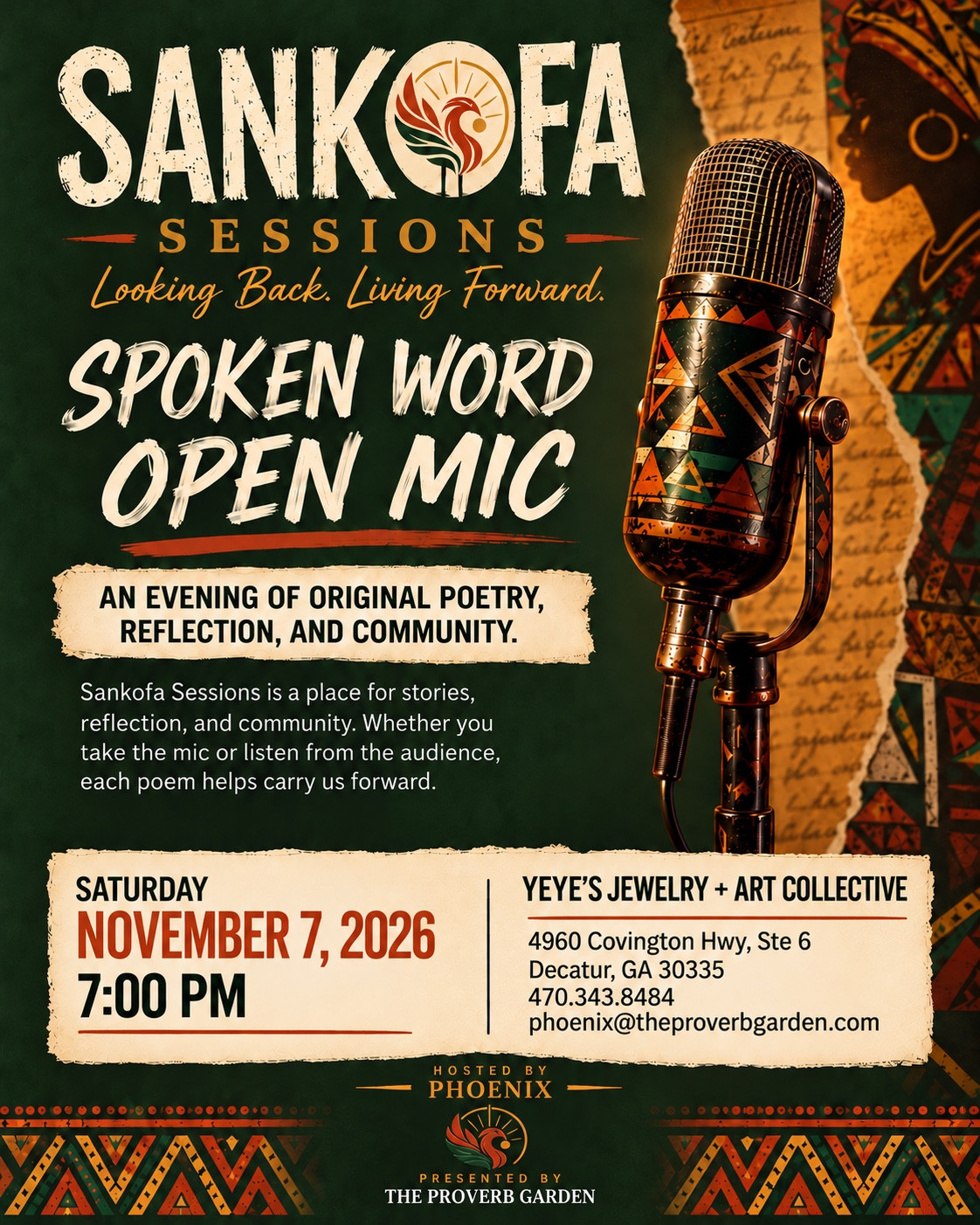 Sankofa Sessions Spoken Word Open Mic flyer for Saturday, November 7, 2026 at 7:00 PM at Yeye’s Jewelry + Art Collective in Decatur, Georgia. Hosted by Phoenix and presented by The Proverb Garden.